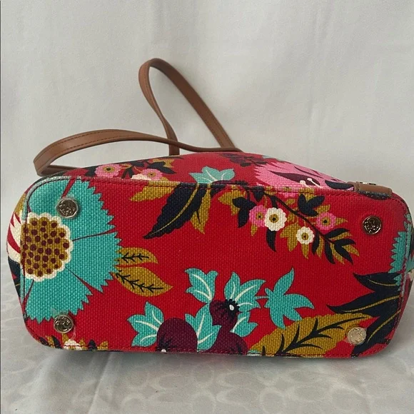 Spartina 449 Vibrant Red Floral Brown Leather Accents/Trim Tote Bag Purse 🌺🌺 - Picture 5 of 14